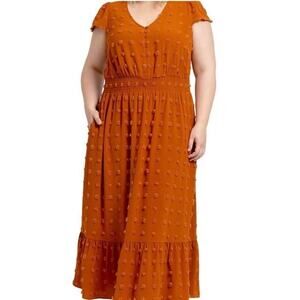 Daniel Rainn Ellen Swiss-Dot Maxi Dress, Burn Orange Pockets! XXL flounce sleeve